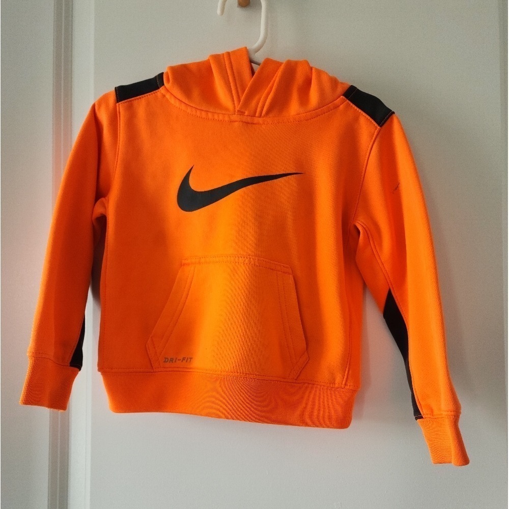 Kid's 2t Nike Therma-FIT Hoodie Kids Orange Pullover Sweatshirt Black Logo Youth